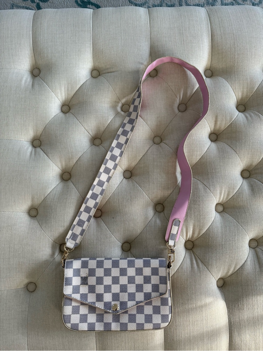 Checked Crossbody Bag with Pink Strap